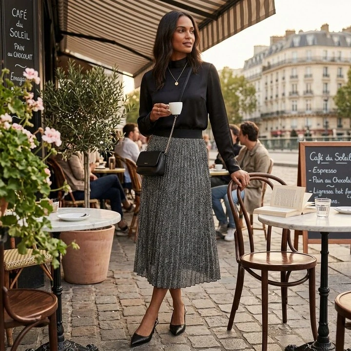 midi skirt fall outfit 2026 Pleated Grey Midi Skirt for Timeless Parisian Elegance