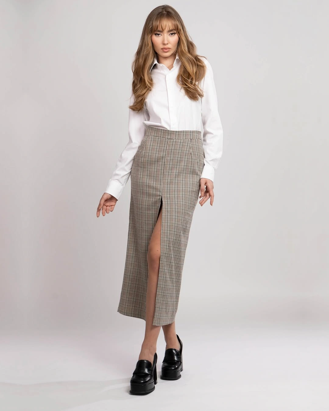 midi skirt fall outfit 2026 Classic White Shirt with a Refined Plaid Midi Skirt