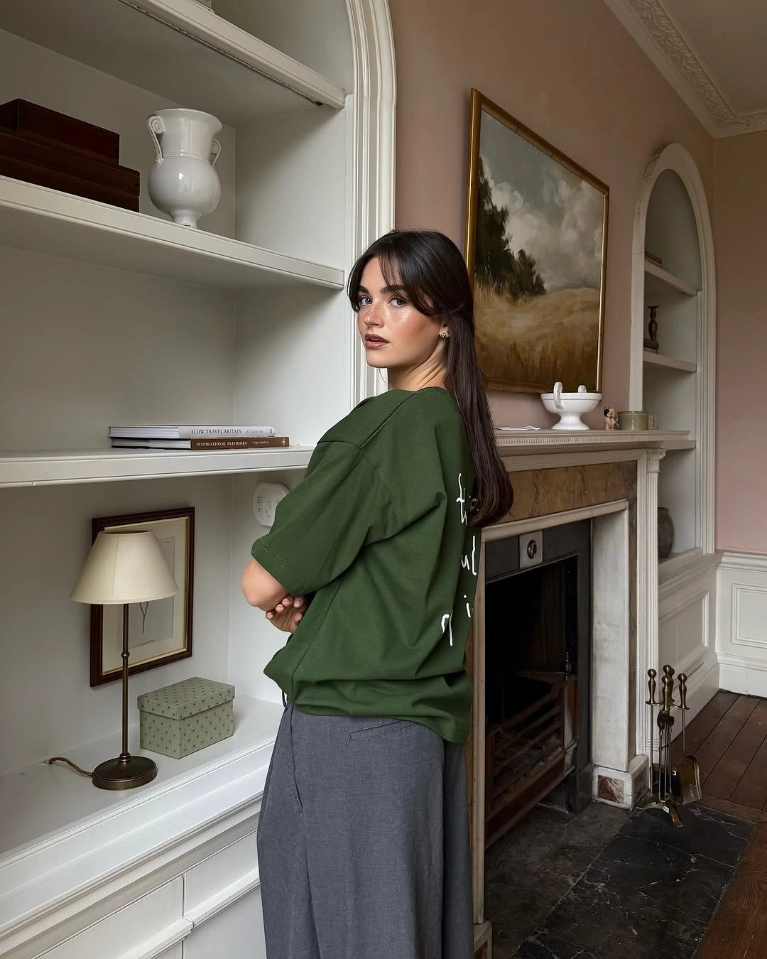 September fashion trends 2026 Green Tee With Loose Gray Trousers