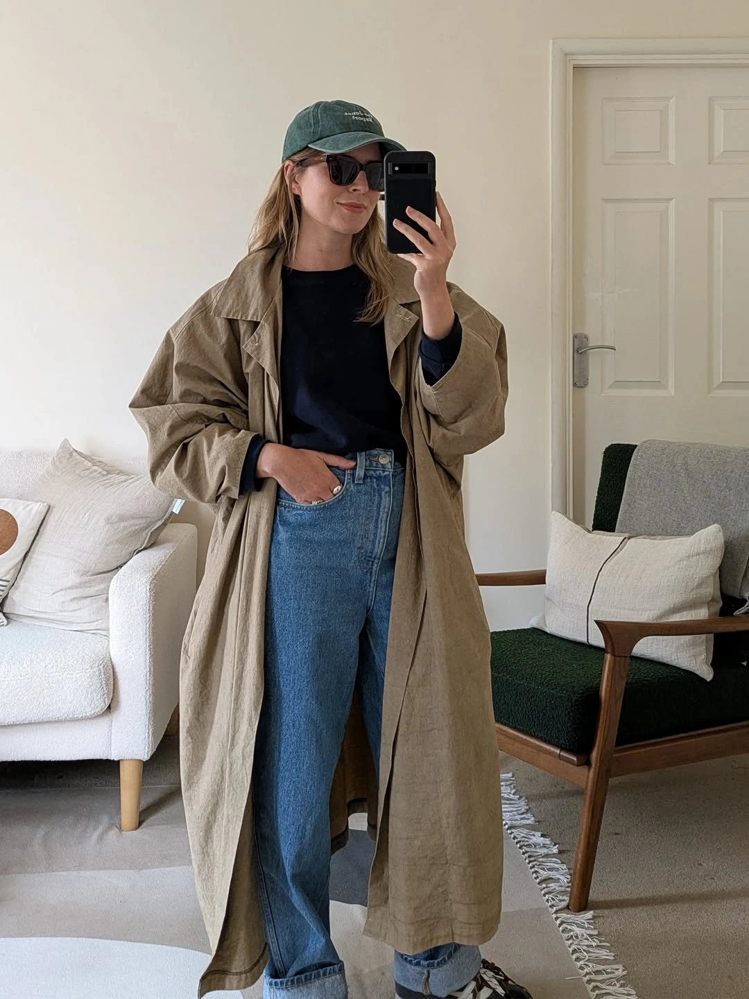 September fashion trends 2026 Long Trench With Cap And Wide Denim