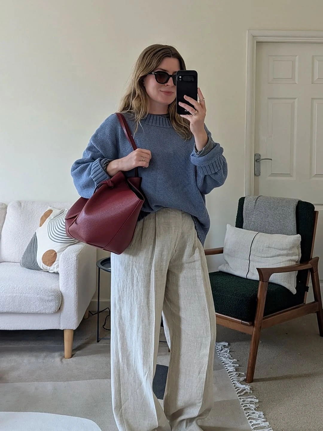September fashion trends 2026 Blue Sweater With Cream Wide Pants