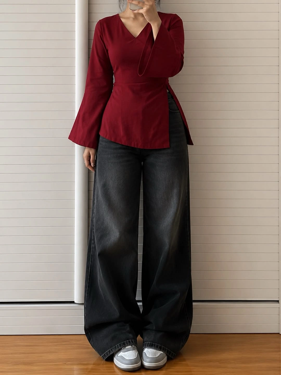September fashion trends 2026 Burgundy Wrap Top With Dark Wide Pants