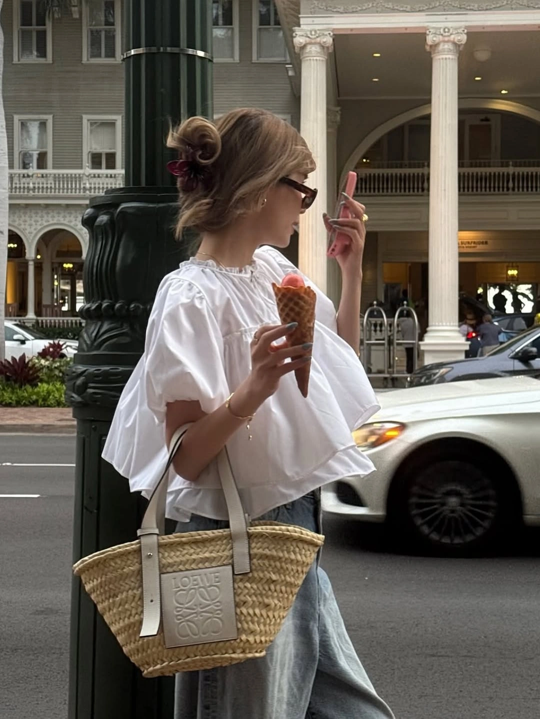 September fashion trends 2026 White Ruffle Blouse With Basket Bag