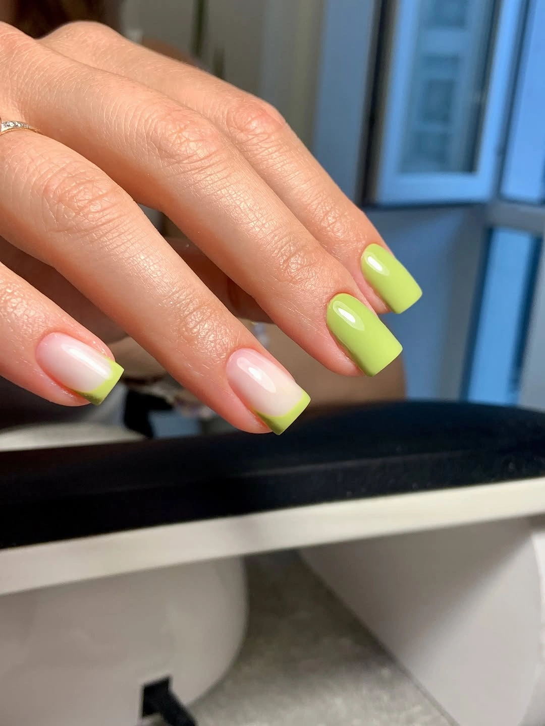 September nail art ideas 2026 Lime French Tips On Nude Short Nails