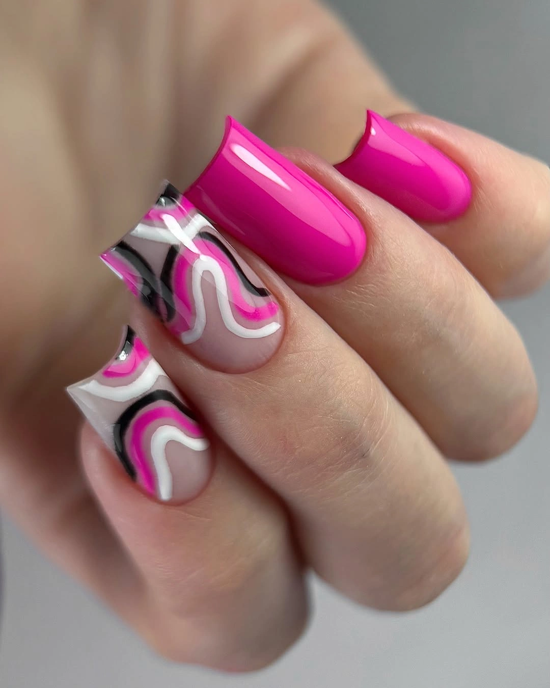 September nail art ideas 2026 Hot Pink Square Nails With Abstract Swirl Accents