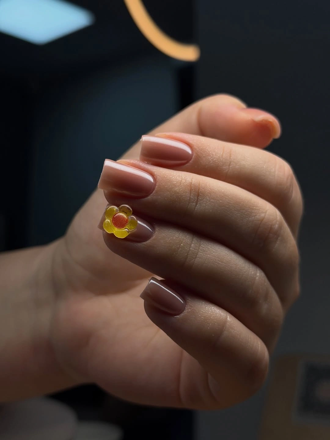 September nail art ideas 2026 Cinnamon Mauve Nails With A Yellow Flower Charm