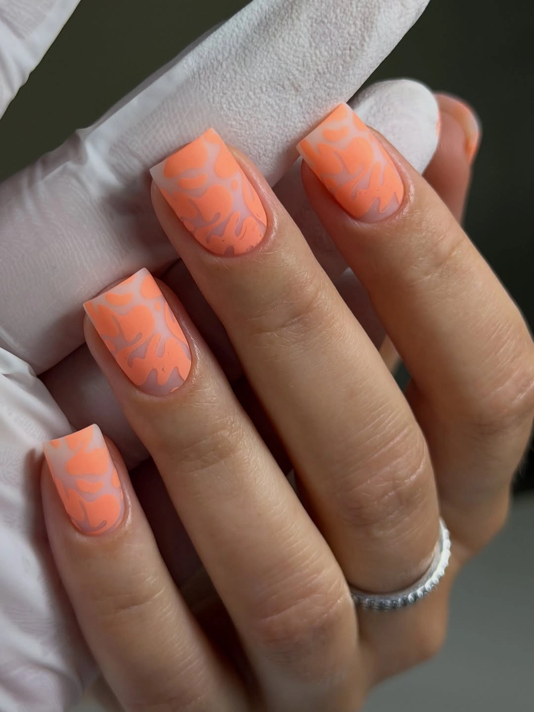 September nail art ideas 2026 Peach Orange Squares With Tone-On-Tone Leaf Lines