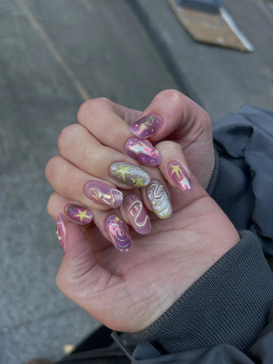 September nail designs 2026 Purple Translucent Nails With Gold Stars And Marble