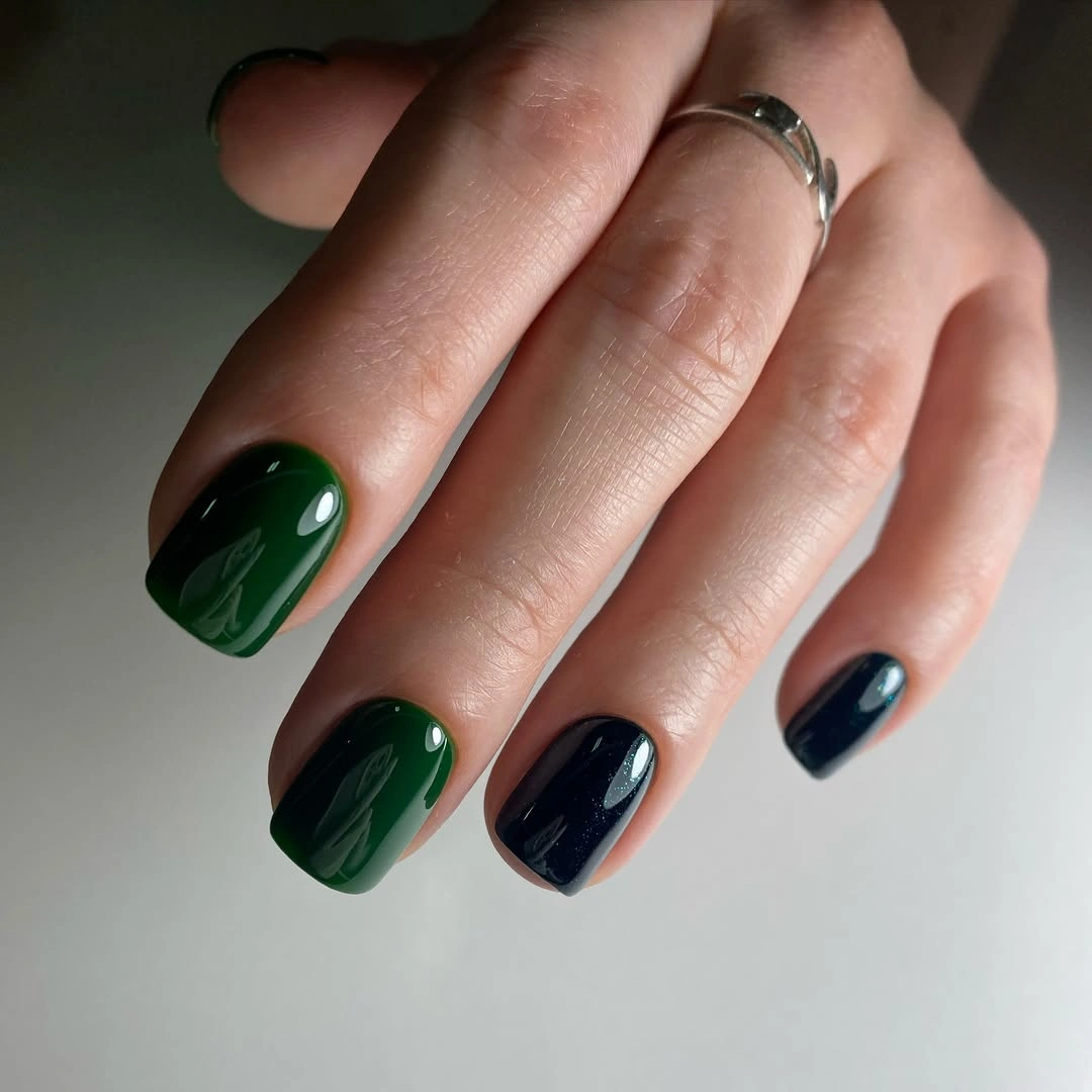 September nail designs 2026 Dark Green And Navy Short Glossy Nails