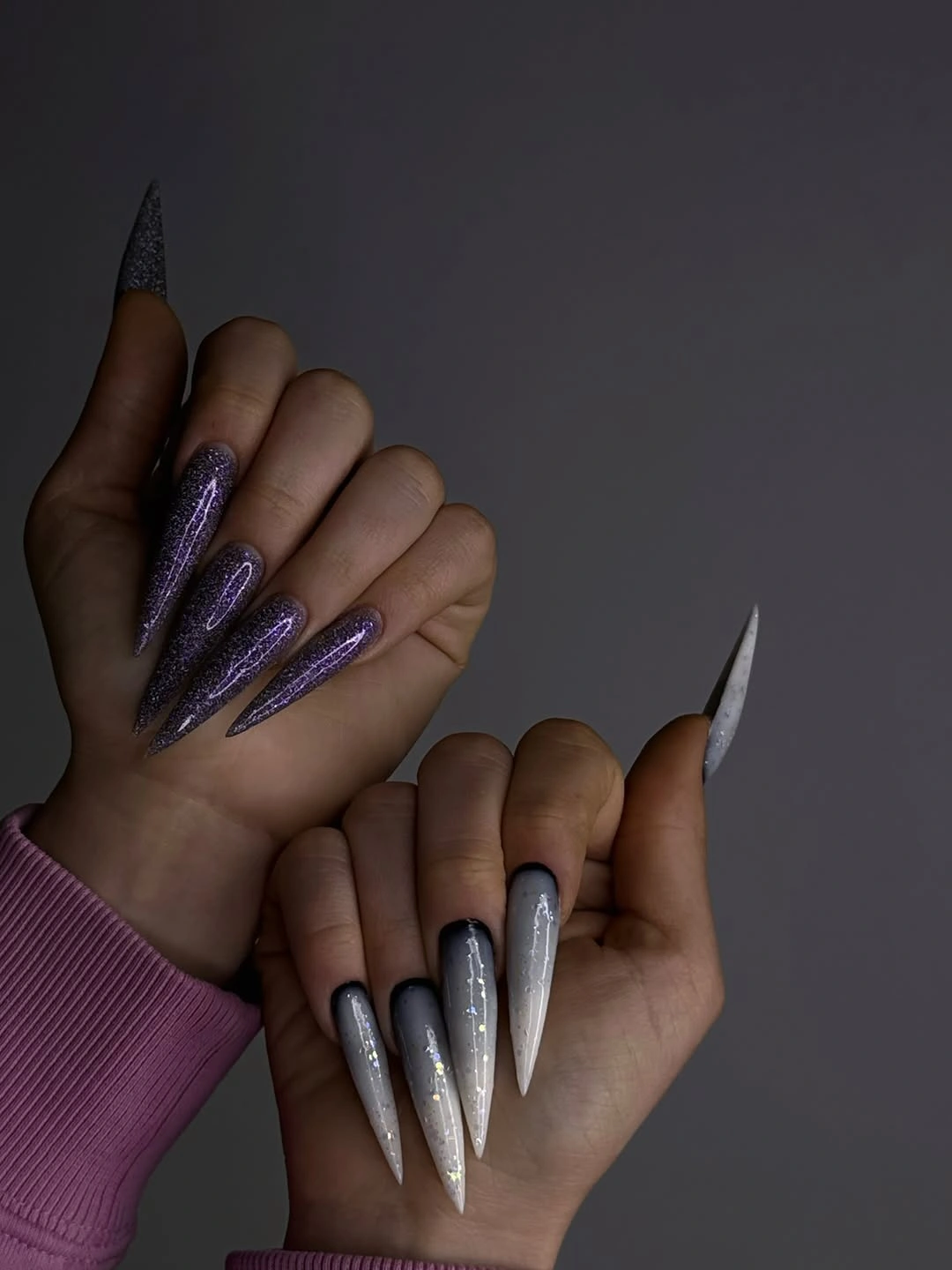 September nail designs 2026 Purple Glitter And Silver Chrome Stiletto Nails
