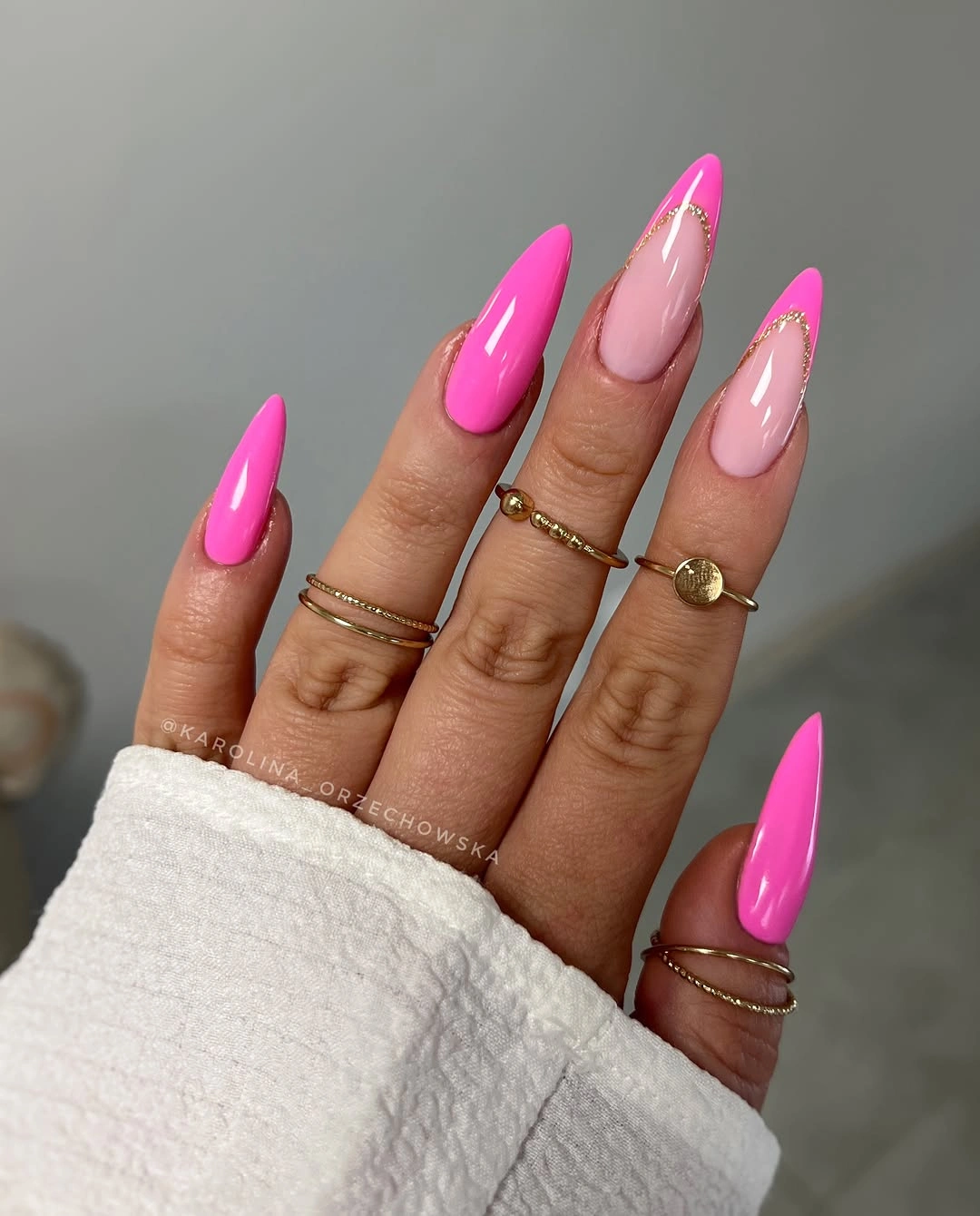 September nails color 2026 Hot Pink Almond Nails With Sheer Negative Space
