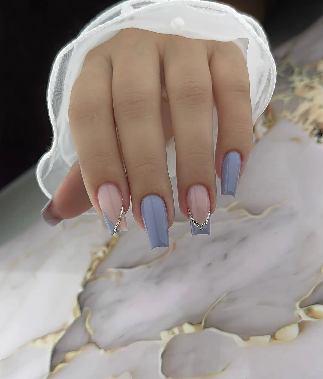 September nails color 2026 Pale Blue Square Nails With Crystal Tip Detail