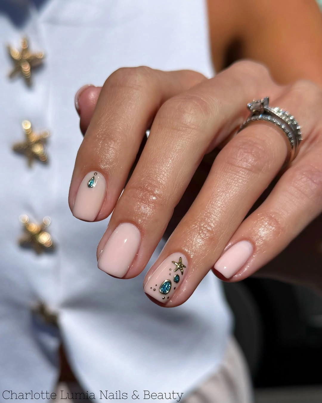 September nails color 2026 Pale Pink Short Nails With Tiny Confetti Accent