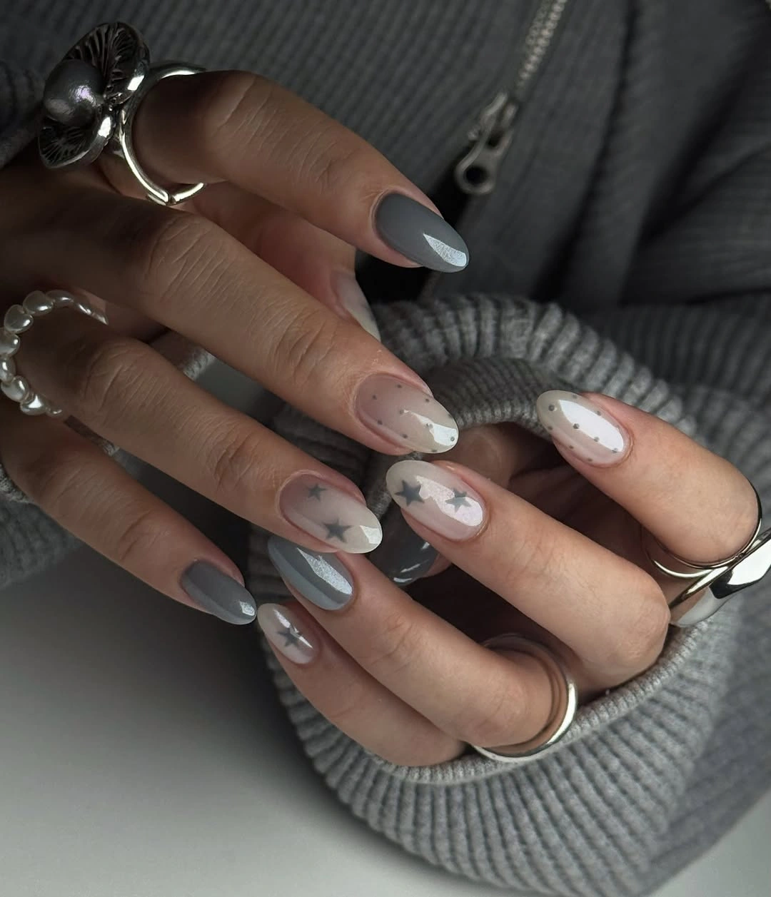 September nails color 2026 Gray Marble Almond Nails With White Swirls