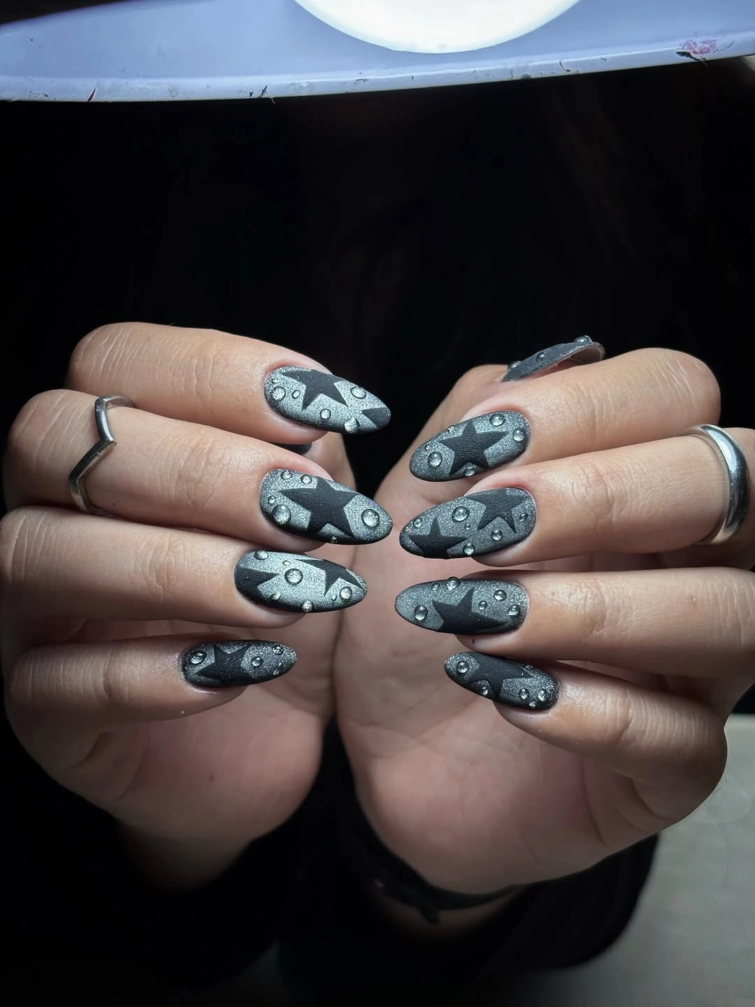 September nails color 2026 Slate Blue Nails With White Celestial Doodles
