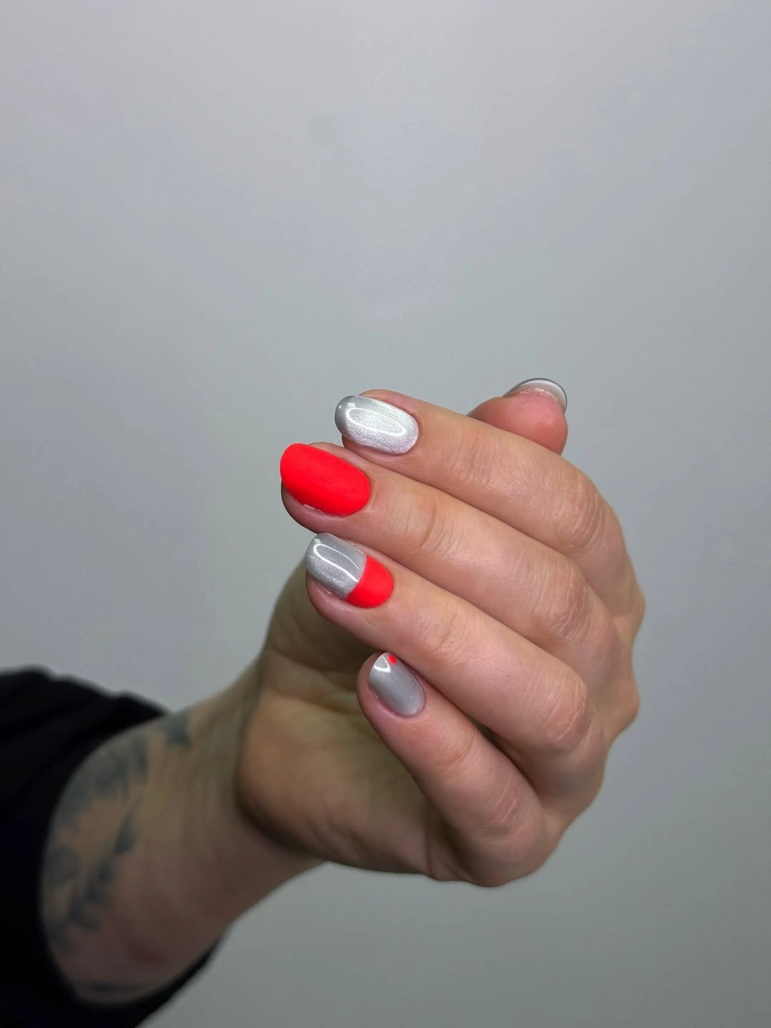 September nails color 2026 Red And Silver Chrome Short Nails