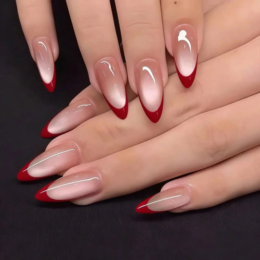 September nails color 2026 Red French Almond Nails With Soft Nude Base