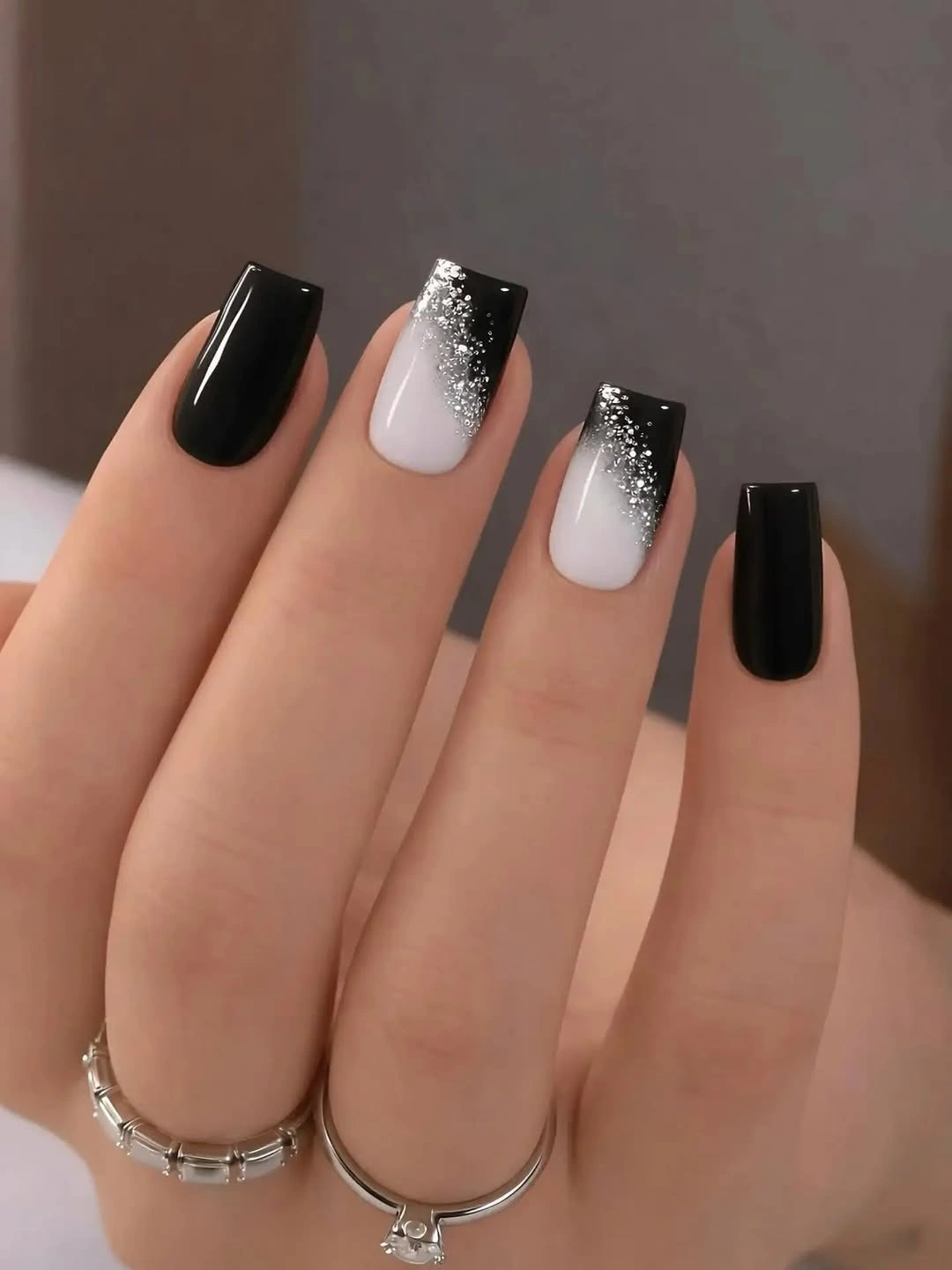 September nails color 2026 Black And White Square Nails With Silver Glitter Fade
