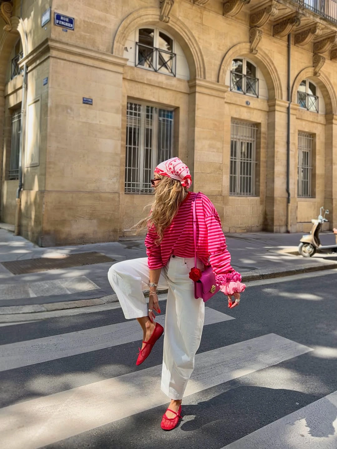 September outfits ideas 2026 Pink Stripes With White Trousers And Red Flats