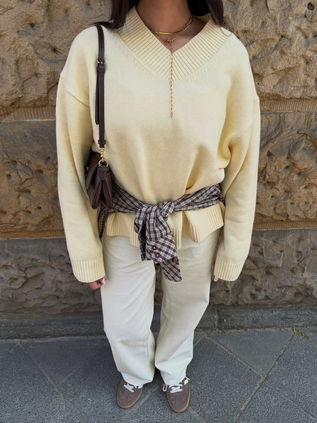September outfits ideas 2026 Cream Sweater With Checked Waist Tie