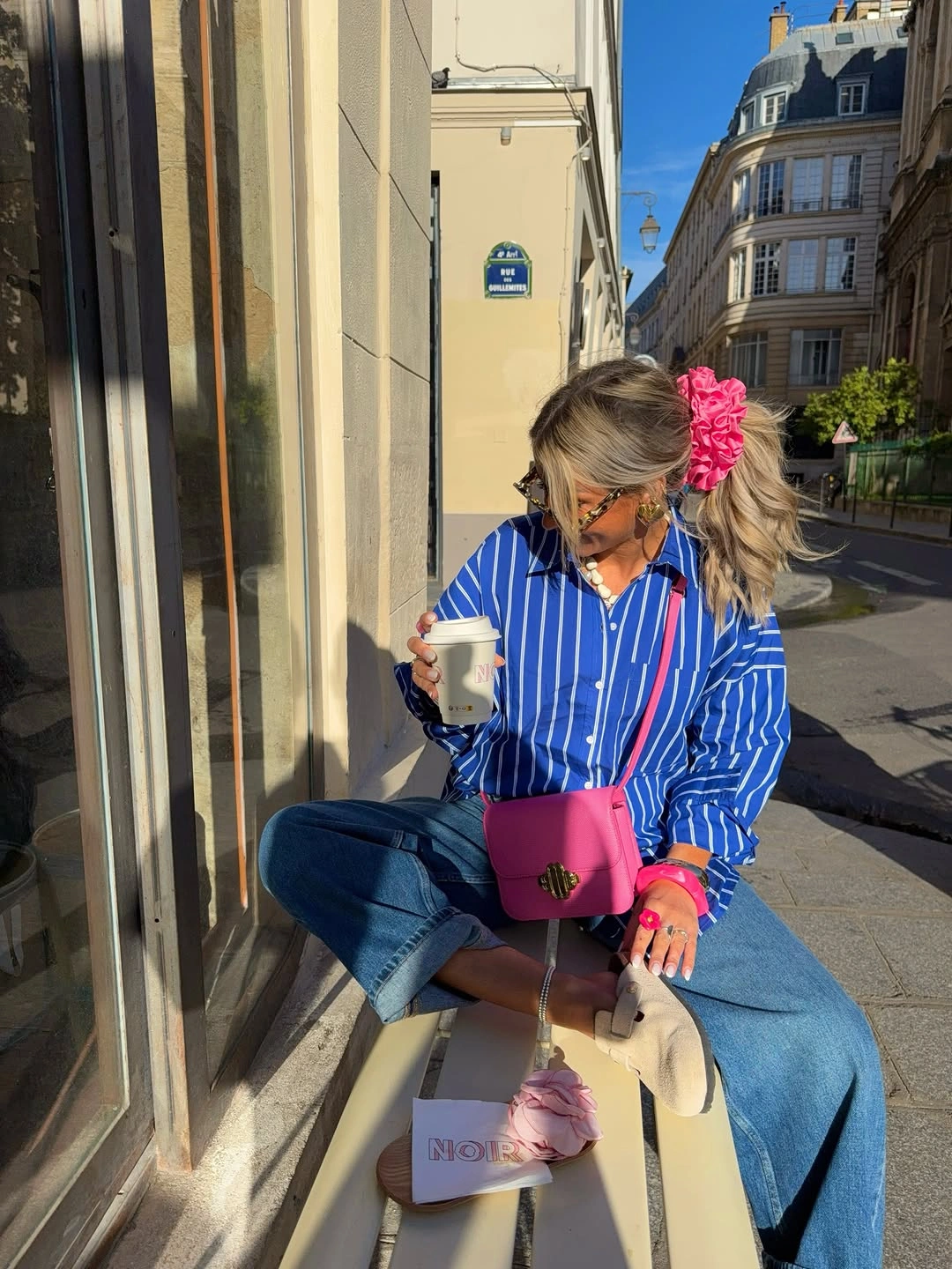September outfits ideas 2026 Blue Striped Shirt With Denim And Pink Accessories