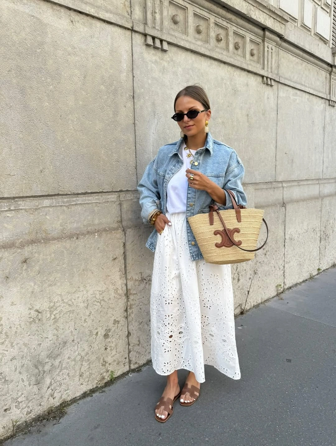 September outfits ideas 2026 Denim Jacket Over White Eyelet Dress
