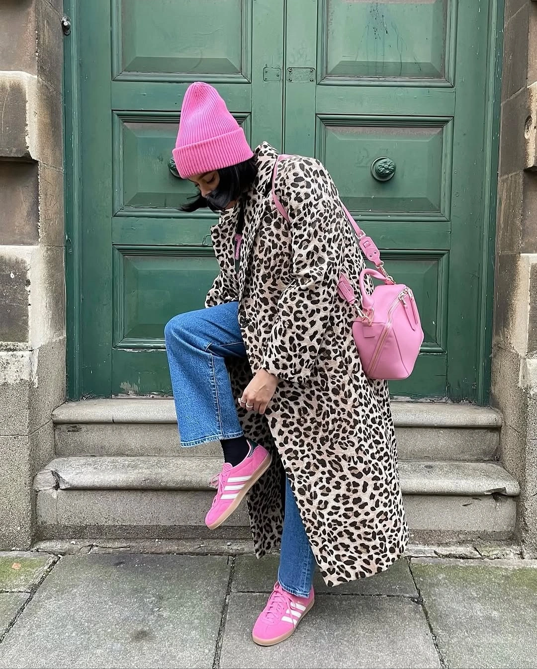 September outfits ideas 2026 Leopard Coat With Pink Beanie And Sneakers