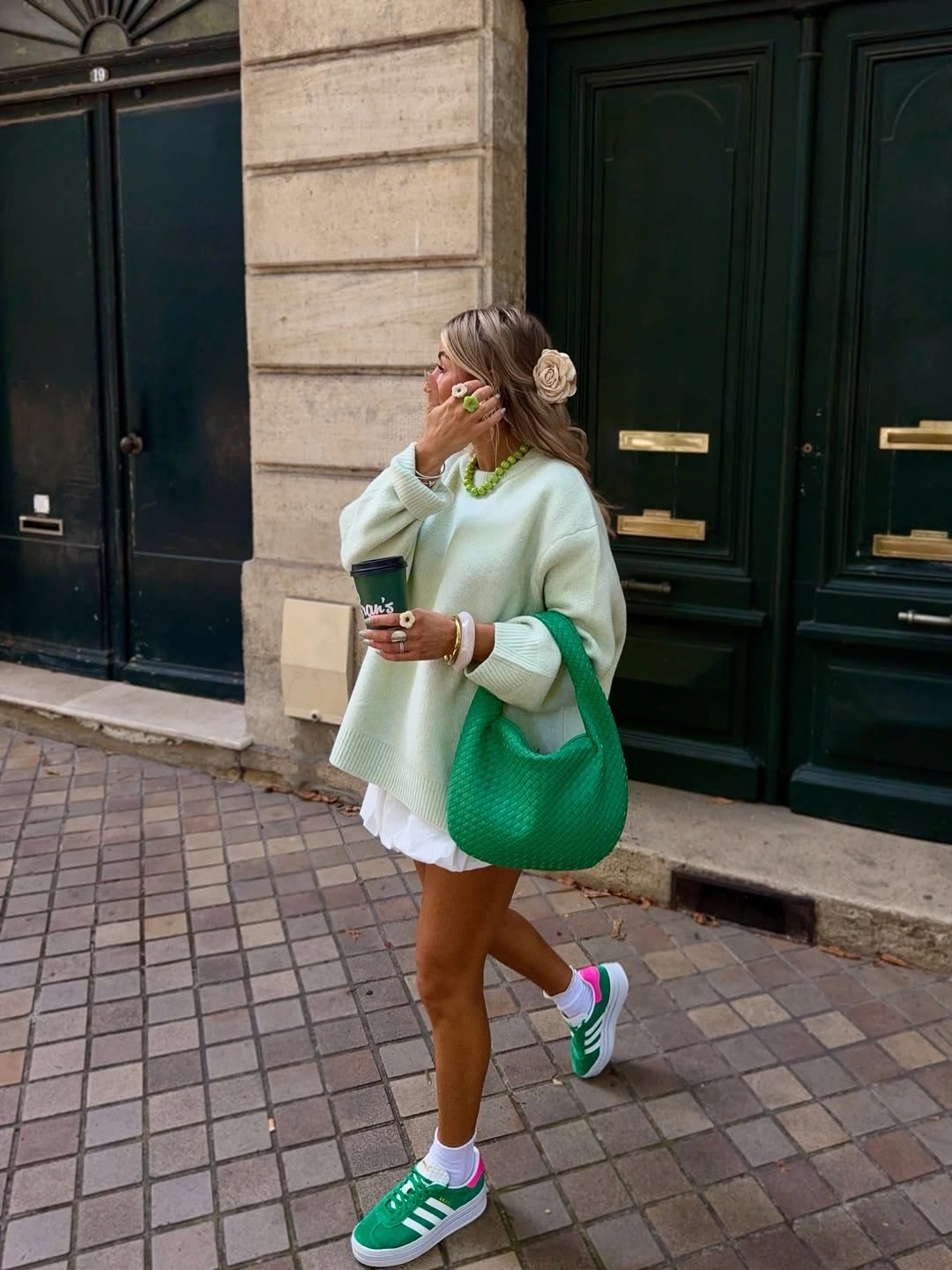 September outfits ideas 2026 Mint Sweater Dress With Green Bag And Sneakers