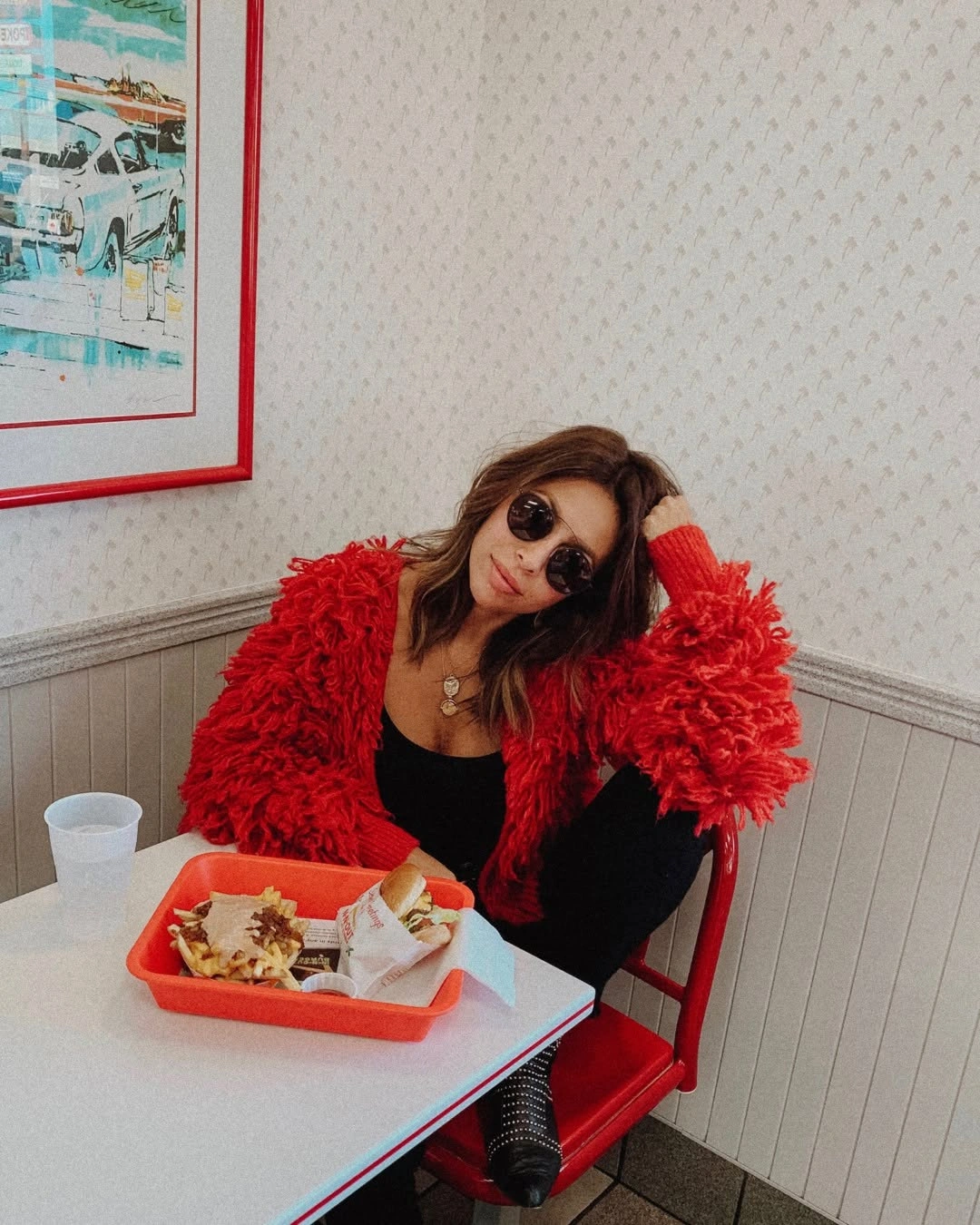 shaggy jacket Bold Scarlet Texture That Turns Casual Basics Into a Statement