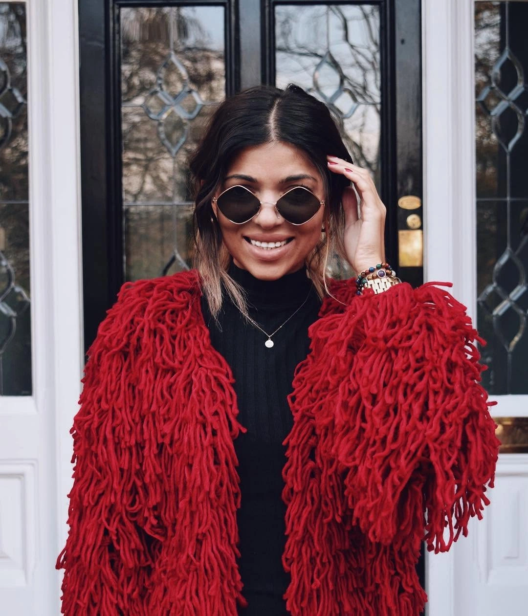 shaggy jacket Classic Crimson Layers with Everyday Elegance