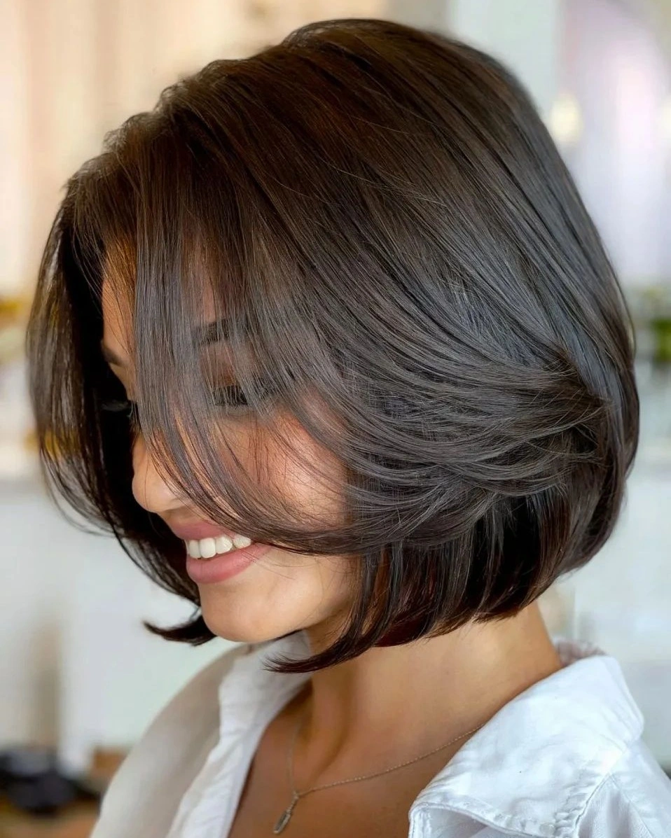 short bobbed hairstyle Soft Curtain Bob with Face-Framing Layers