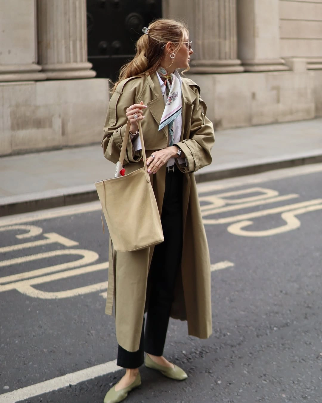Trench coat fall outfits 2026 Olive Inspired Elegance with Silk Scarf Details