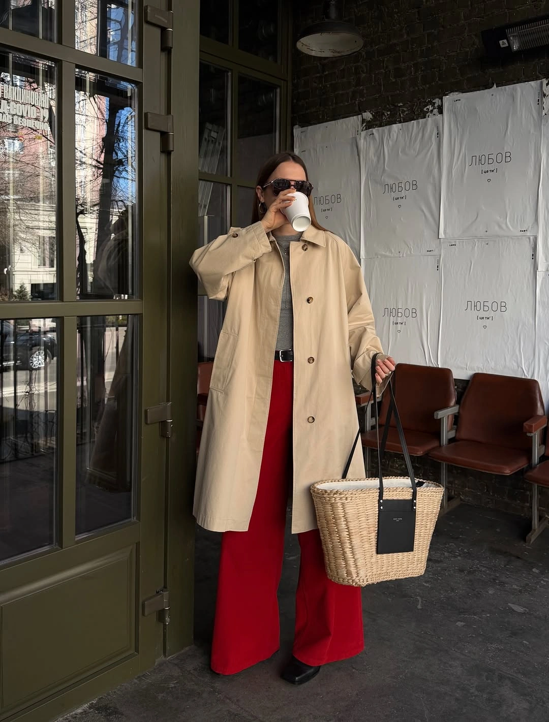 Trench coat fall outfits 2026 Bright Red Trousers That Refresh Classic Neutrals