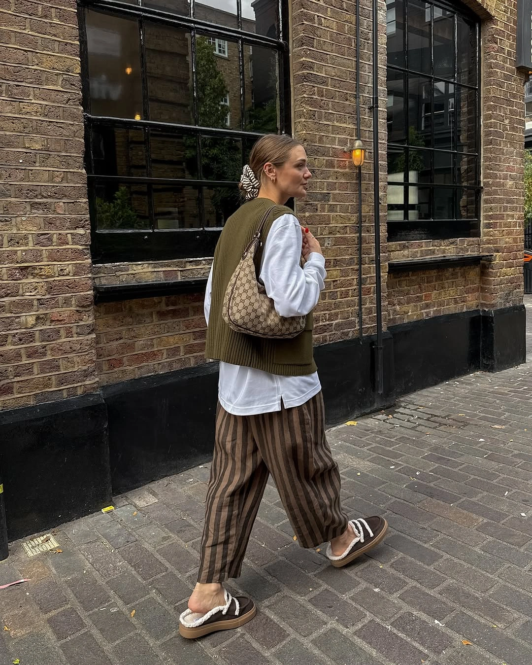 what are the best fall outfits for casual days? Layered Olive Knitwear with Relaxed Striped Trousers