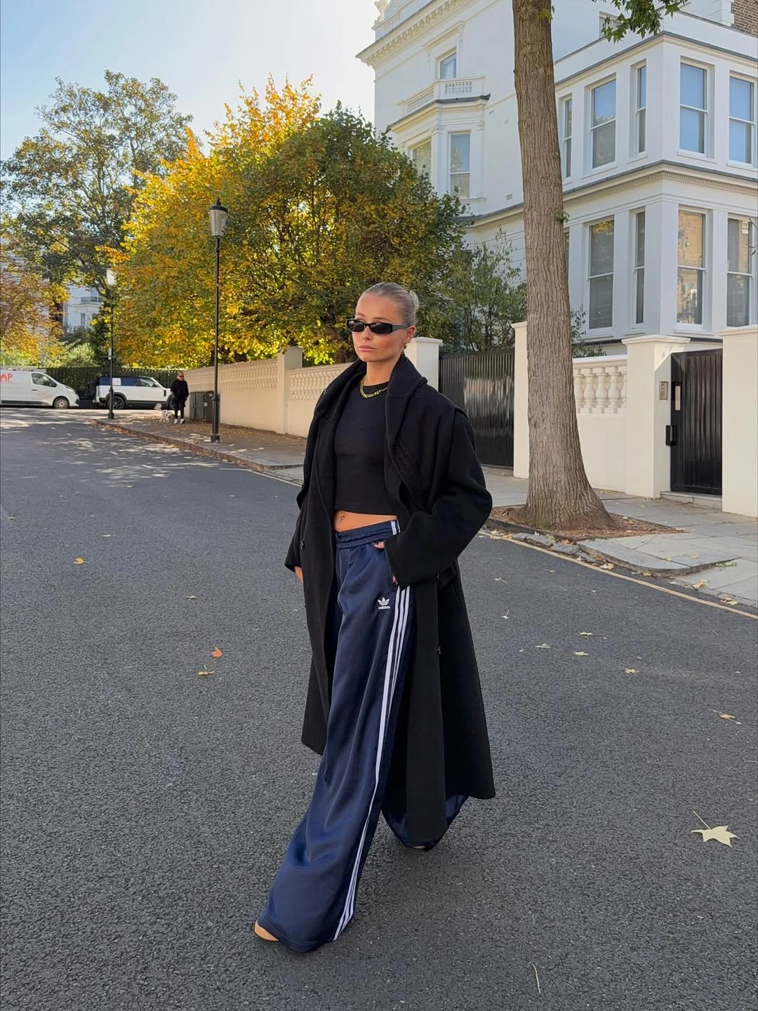 what are the best fall outfits for casual days? Long Black Coat with Relaxed Track Pants for Modern Streetwear