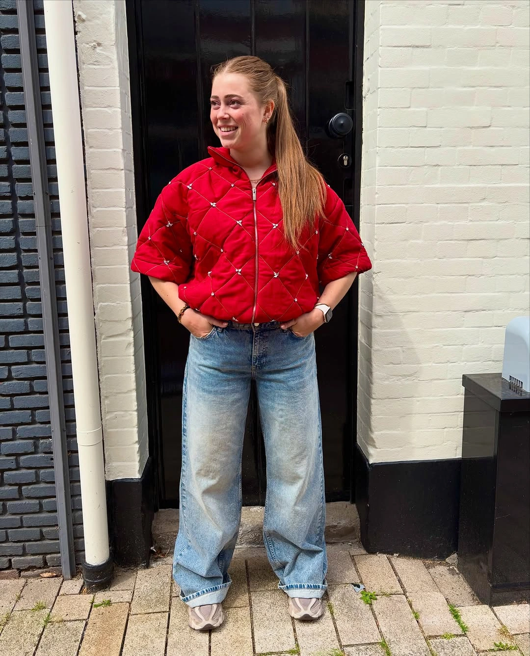 wide leg jeans outfit fall 2026 A Bright Red Jacket That Wakes Up Everyday Denim