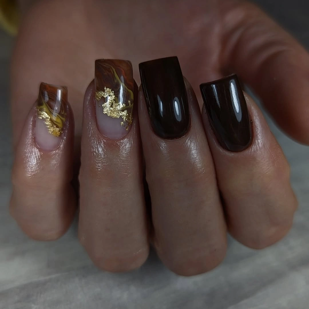 Short rounded square nails in rich glossy chocolate brown