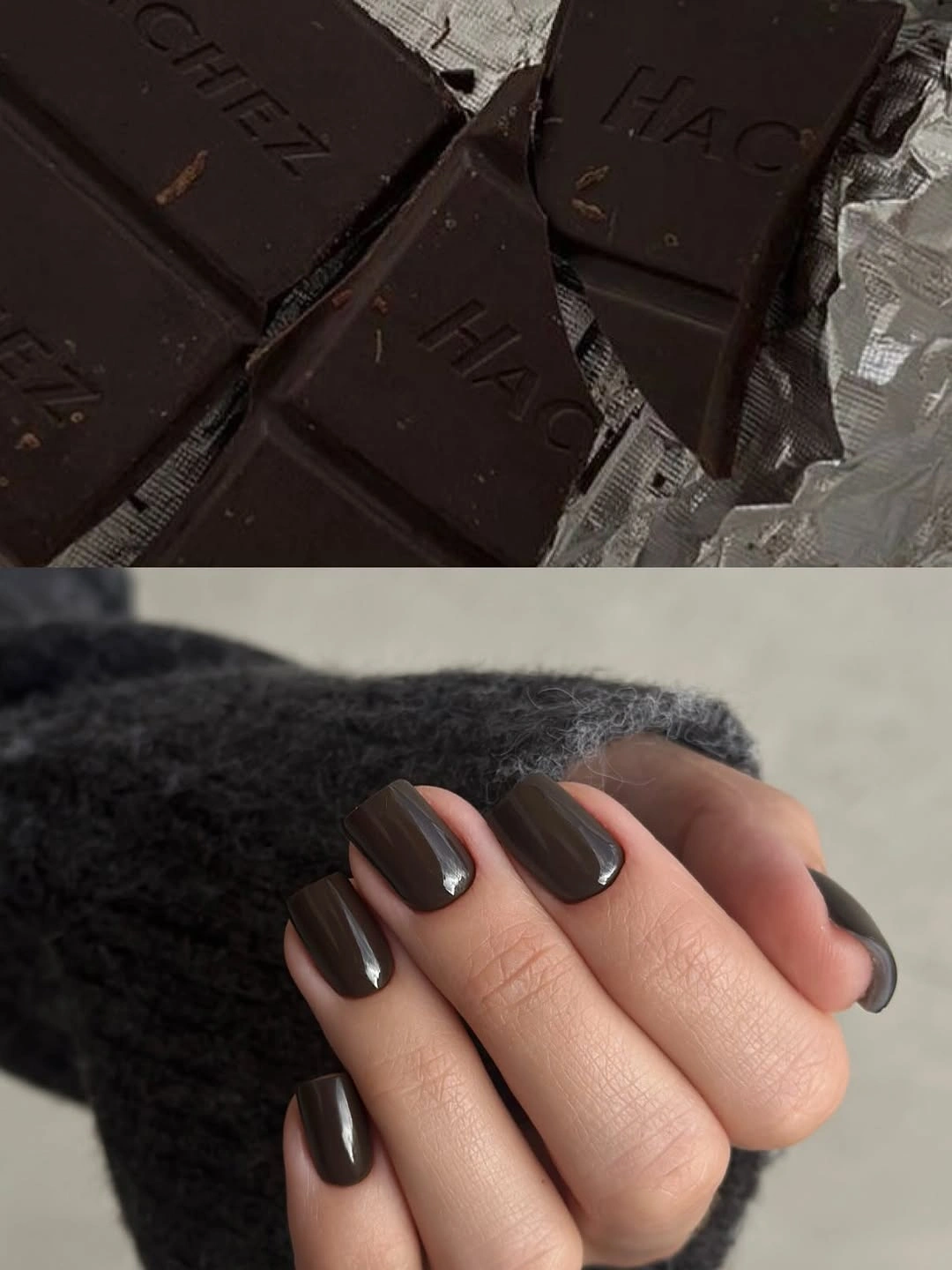 Short rounded square nails in glossy chocolate brown