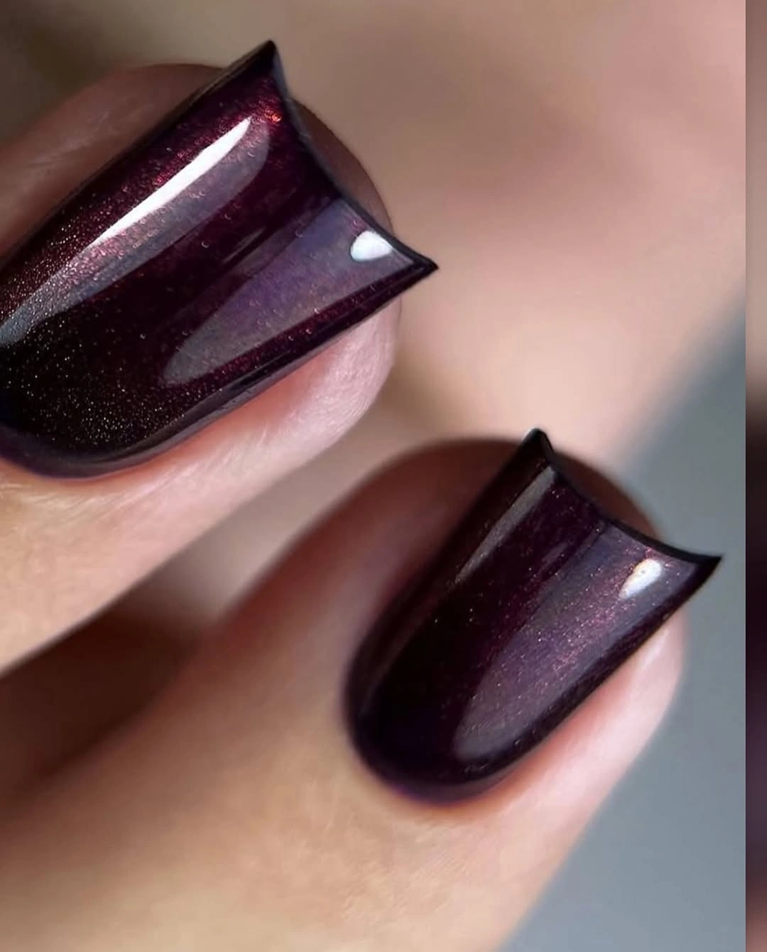 Long square nails in deep plum-black shimmer