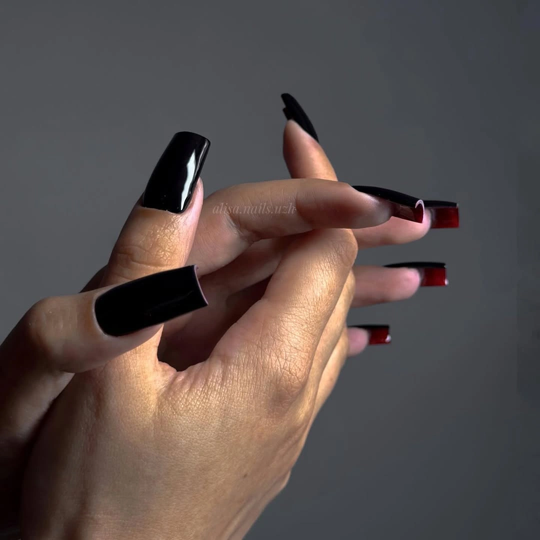 Long square black nails with burgundy edge accents