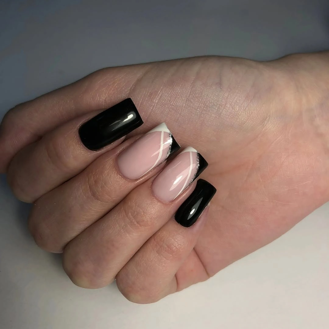 Black square fall nails with nude graphic French accents