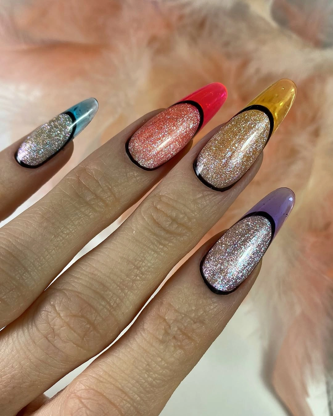 Glitter almond nails with translucent colorful tips