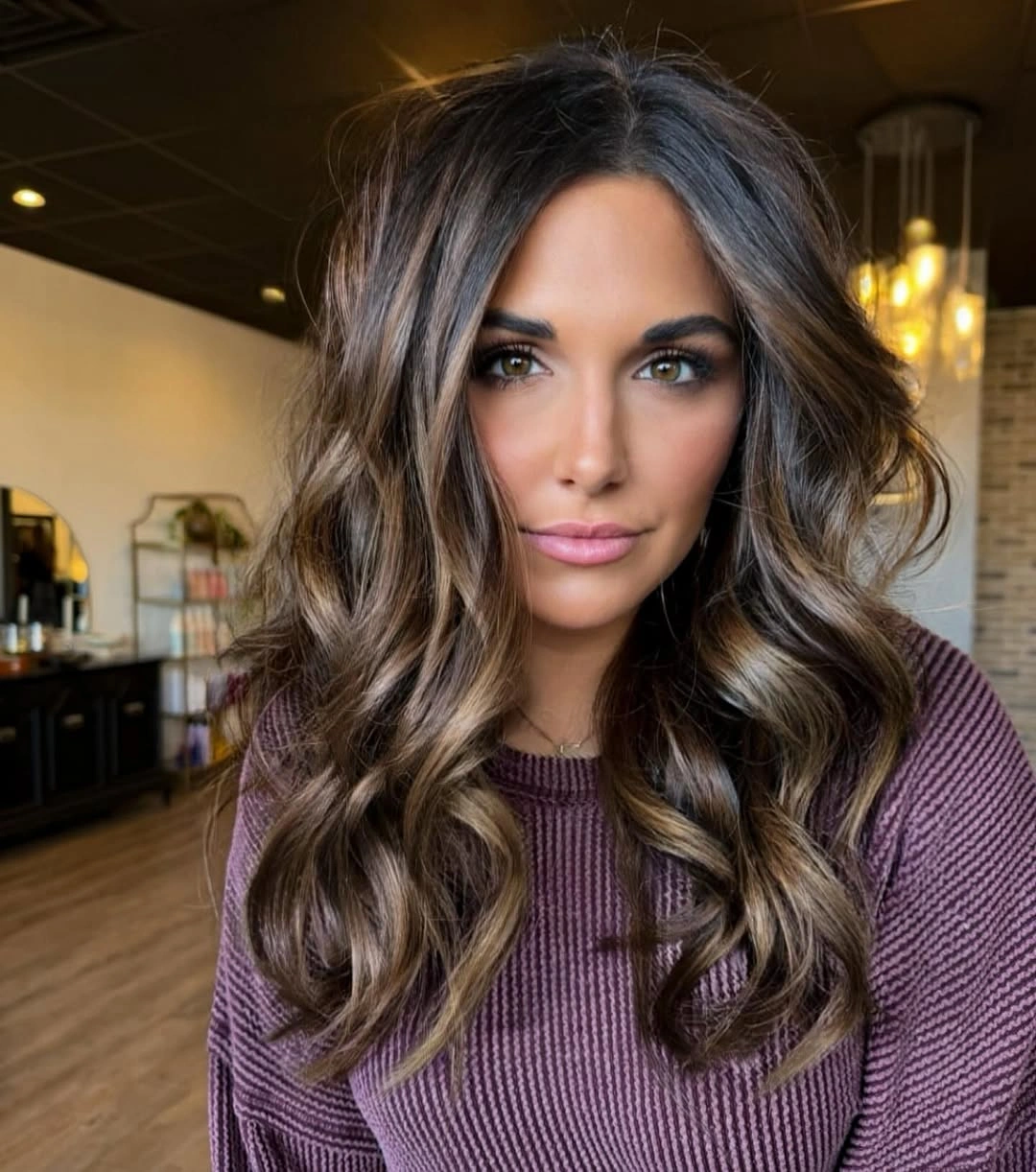 Medium wavy deep brown hair with chestnut and caramel face framing