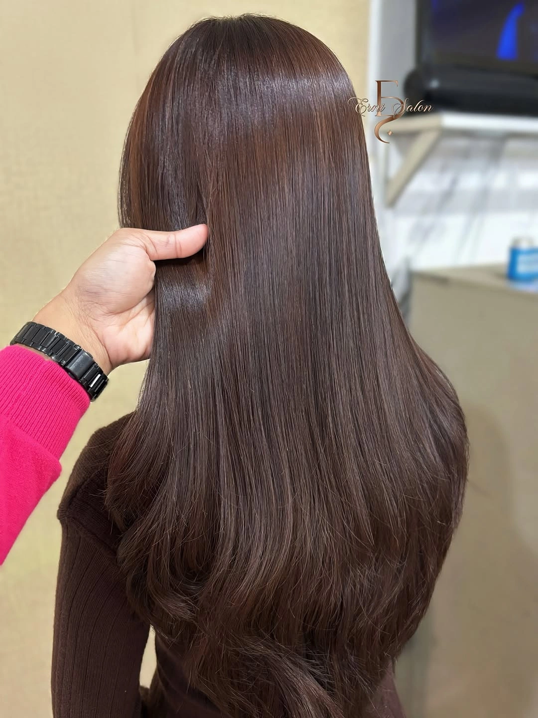 Long straight brown hair with a lighter chestnut surface sheen