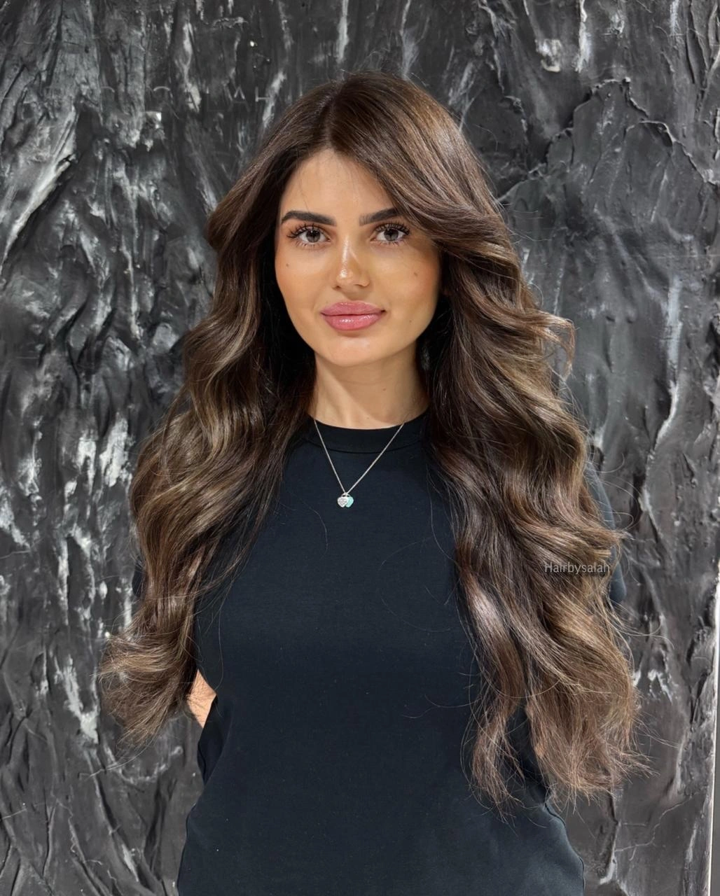 Very long brunette waves with taupe brown and caramel ribbons