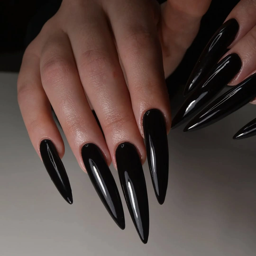 Long glossy black pointed nails with strong clean reflections