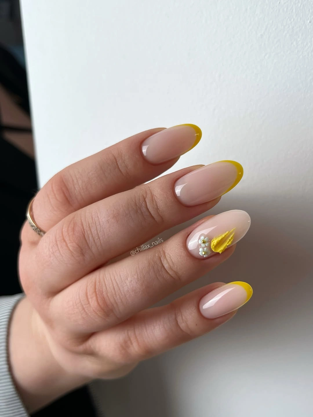 Medium almond milky nude nails with bright yellow tips