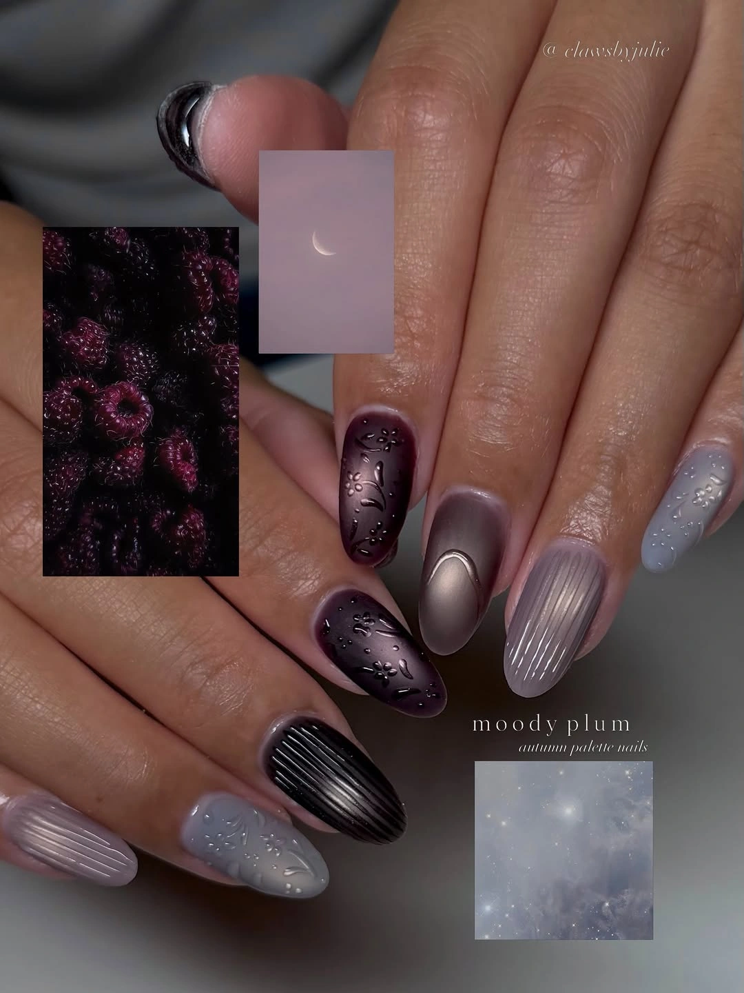 Long almond plum nails with curved silver-gray reflective accents