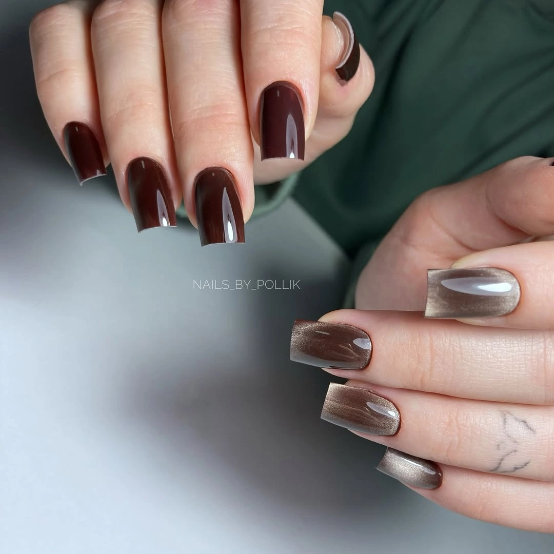 Square nails mixing glossy chocolate burgundy with cool silver reflective accents