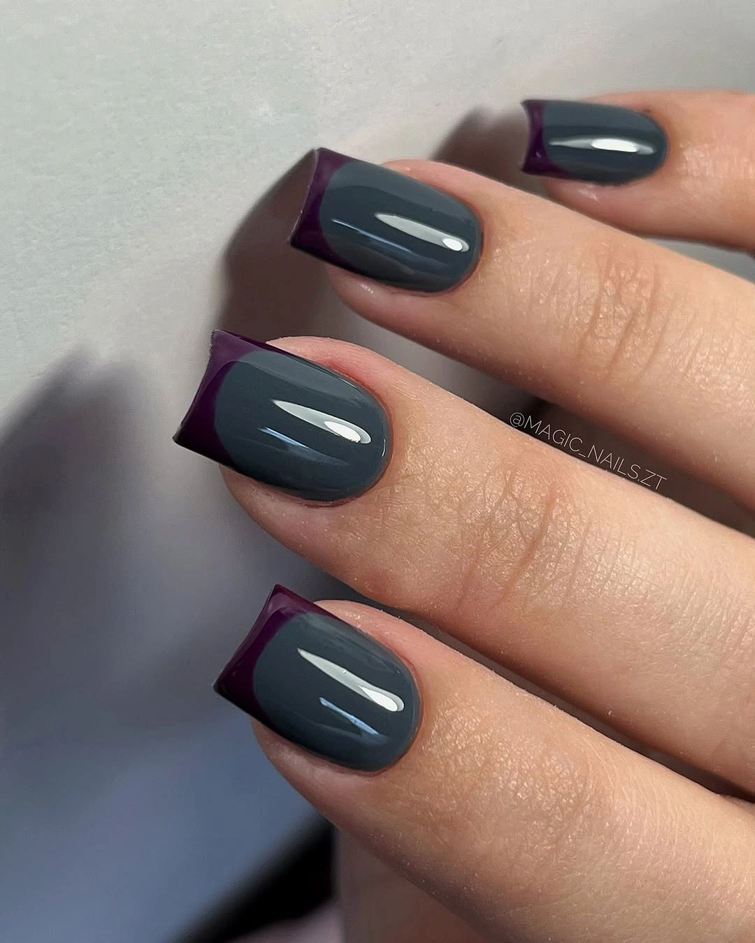 slate gray square nails with plum French corners